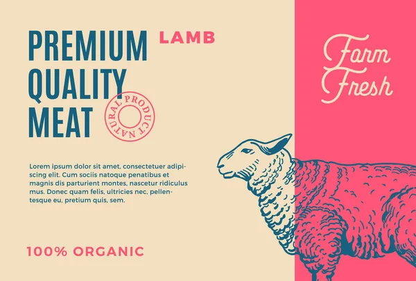 Cordeiro de qualidade premium. Abstract Vector Meat Packaging Design ou Label. Tipografia moderna e mão desenhado Sheep Silhouette Background Layout —  Vetores de Stock