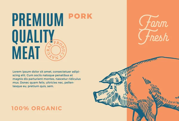 プレミアム品質の豚肉です。抽象的なベクトル肉包装設計またはラベル。モダンなタイポグラフィーと手描き下ろし豚シルエット背景レイアウト — ストックベクタ