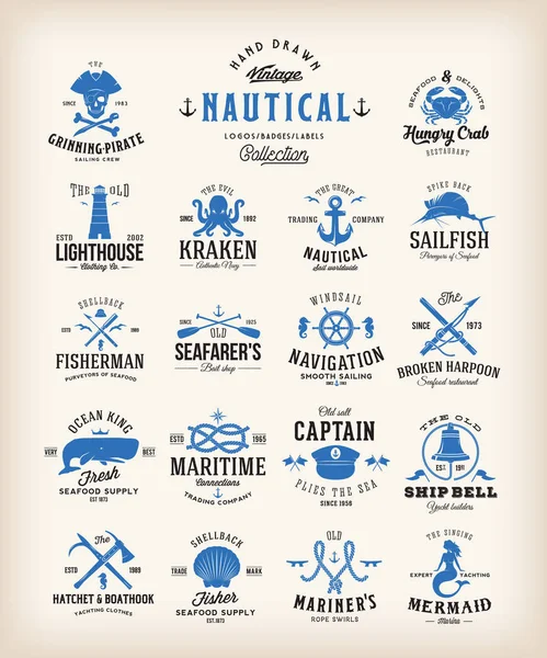 Abstract Retro Nautical Labels Collection. Vintage Sea Emblems, Sinais ou Modelos de Logo. Baleias, âncoras, polvo, sereia, etc. com tipografia clássica . — Vetor de Stock