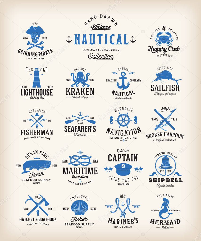 Abstract Retro Nautical Labels Collection. Vintage Sea Emblems, Signs or Logo Templates. Whales, Anchors, Octopus, Marmaid, etc. with Classic Typography.