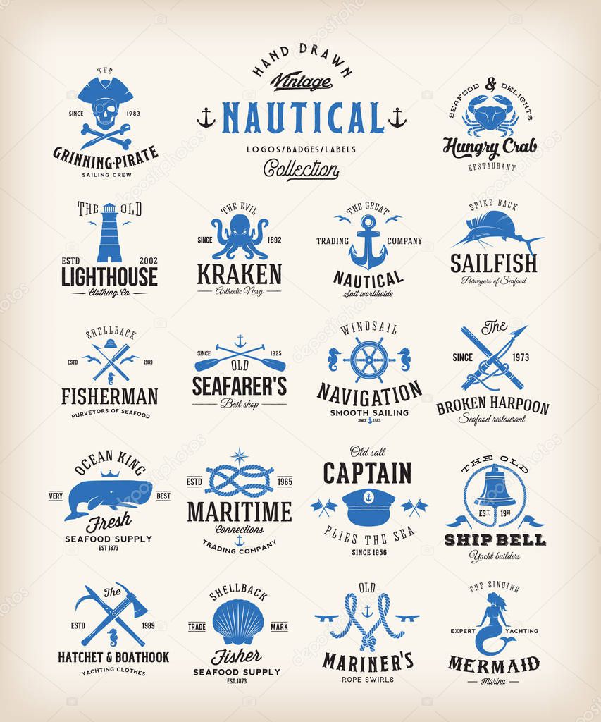 Abstract Retro Nautical Labels Collection. Vintage Sea Emblems, Signs or Logo Templates. Whales, Anchors, Octopus, Marmaid, etc. with Classic Typography. Isolated