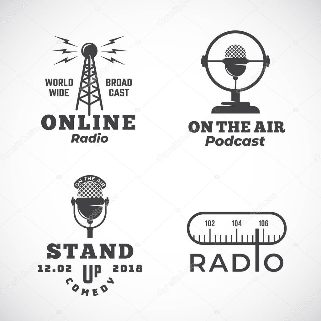 Online Radio and Microphone Abstract Vector Emblems Set. Broadcast Tower, Podcast or Stand Up Comedy Microphone Signs or Logo Templates. Radio Scale and On the Air Symbols. Isolated.