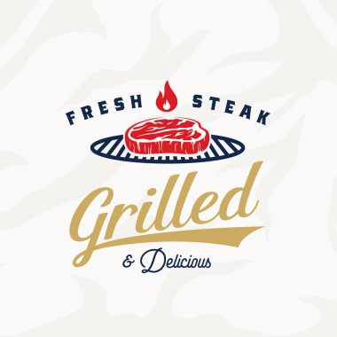 Taze biftek Vintage vektör etiket, kart, amblem veya Logo şablonu. Retro tipografi ve et dokusu. Altın, mavi ve kırmızı renkler. Biftek ve Barbekü ızgara Silhouettes.