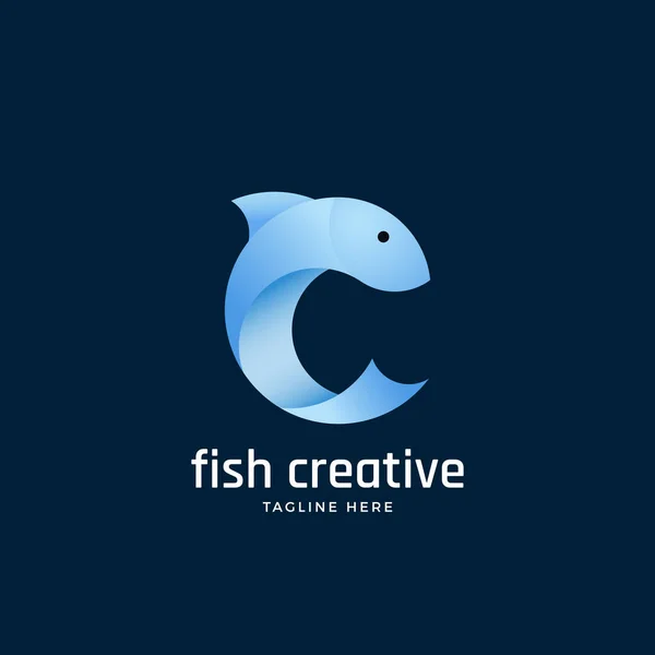 Fisk kreativa abstrakt Vector tecken, symbol eller logotyp mall. Siluett i Form av bokstaven C. ljusblå ren Gradient färg. — Stock vektor