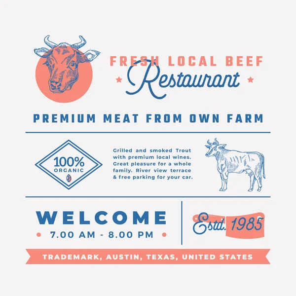 Fresh Local Beef Restaurant Signs, Titles, Inscriptions and Menu Decoration Elements Set (dalam bahasa Inggris). Premium Quality Retro Typography Layout with Hand Drawn Icons and Symbols (dalam bahasa Inggris). Templat Label Sapi Vintage . - Stok Vektor