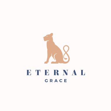 Ebedi Grace soyut vektör işareti, amblem veya Logo şablonu. Gracefull oturan dişi aslan siluet sonsuzluk ile sembol kuyruk.
