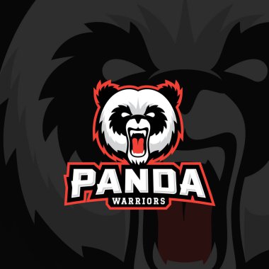 Panda savaşçılar soyut vektör işareti, amblem veya Logo şablonu. Spor takım maskotu etiket. Kızgın ayı yüz tipografi ile.