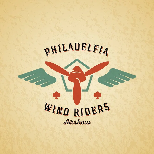 Wind Riders Airplane Vector Retro Label, Sign or Logo Template. Airscrew Vintage Aereo in uno scudo con ali, tipografia e texture Shabby. Sullo sfondo — Vettoriale Stock