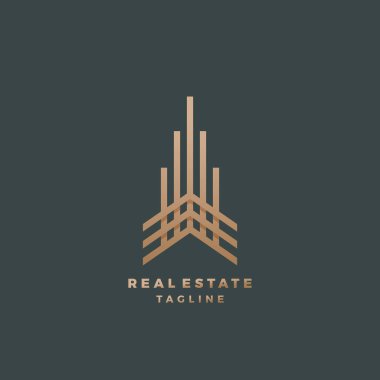 Emlak soyut geometri vektör işaret, sembol ya da Logo şablonu. Premium satır stili bina kavramı. Minimalist Emblem.On koyu arka plan
