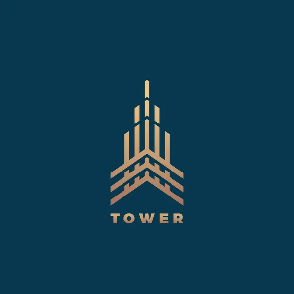 Tower Abstract Geometry Sinal de vetor mínimo, símbolo ou modelo de logotipo. Conceito de construção de estilo de linha premium. Emblema imobiliário. Fundo escuro . — Vetor de Stock