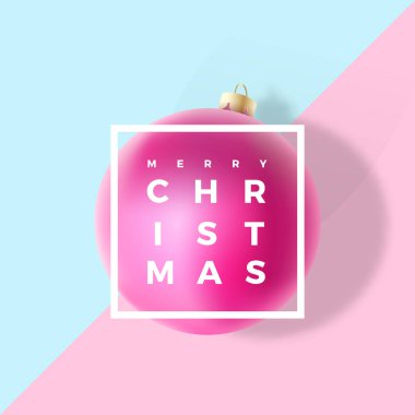 Pastel renkler nazik Noel tebrik kartı, Poster, afiş veya Parti Davetiyesi. Yumuşak gölgeler ve Modern tipografi vektör gerçekçi Xmas top. Trendy nane ve pembe bir arka plan.