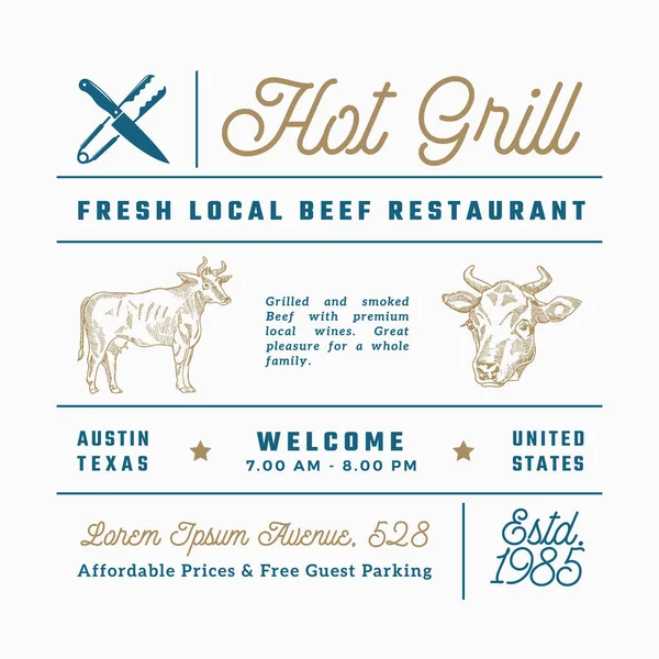 Hot Grill Beef Restaurant Sinais, Títulos, Inscrições e Menu conjunto de elementos de decoração. Layout de tipografia retro de qualidade premium com ícones e símbolos desenhados à mão. Modelo de etiqueta de vaca vintage . — Vetor de Stock