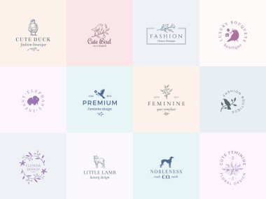 On iki soyut kadınsı vektör işaretleri veya Logo şablonlar kümesi. Retro çiçek şekil şık tipografi, kuşlar, kuzu, ördek, tazı ve fil. Premium Kalite Amblemler.