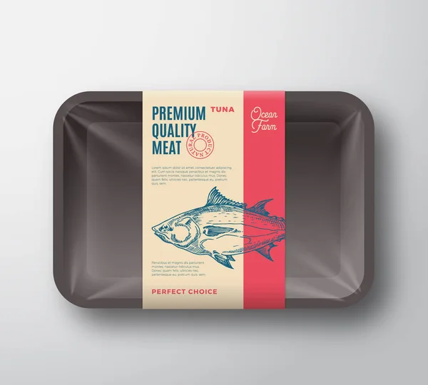 Premium Quality Tuna Pack. Abstract Vector Fish Plastic Tray Container with Cellophane Cover. Packaging Design Label. Modern Typography and Hand Drawn Tuna Silhouette Background Layout. — Stock Vector