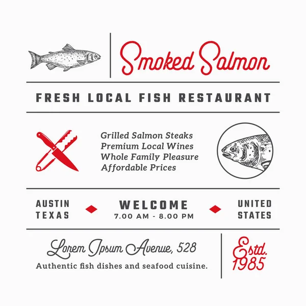 Fish Restaurant Signs, Titles, Inscriptions and Menu Decoration Elements Set. Premium Quality Retro Typography Layout with Hand Drawn Food Icons and Symbols. Vintage Salmon Label Template.