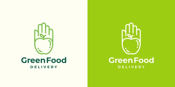 Zelené potraviny dodávky abstraktní vektor znamení, Symbol nebo Logo šablonu. Apple v rukou nebo Palm emblém koncept s moderní typografie. — Stockový vektor