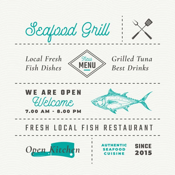 Seafood Restaurant Signs, Titles, Inscriptions and Menu Decoration Elements Set. Premium Quality Retro Typography Layout with Hand Drawn Food Icons and Symbols. Vintage Fish Label Template. — Stock Vector