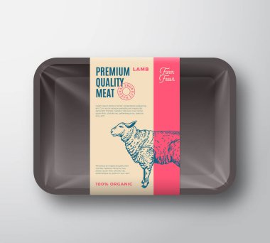 Premium Kalite kuzu paketi. Soyut vektör et plastik tepsi konteyner selofan kapaklı. Ambalaj tasarım etiketi. Modern tipografi ve el çekilmiş koyun arka plan düzen siluet.