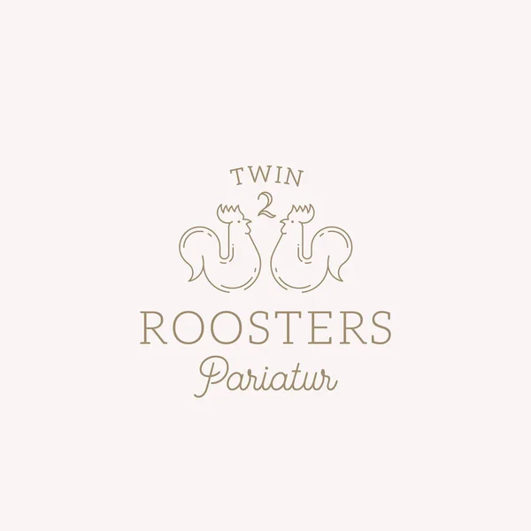 Twin Roosters Abstract Vector Sign, Symbol or Logo Template. Elegant Line Style Roosters Sillhouette with Classy Typography. Vintage Luxury Vector Emblem. — Stock Vector