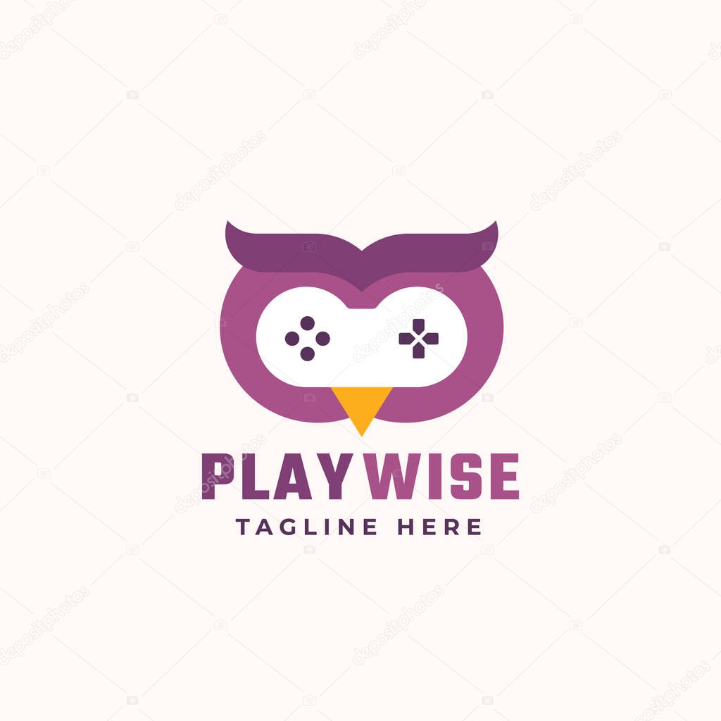 Play Wise Abstract Vector Sign, Symbol or Logo Template. Flat Style Gamepad Icon Incorporated in an Owl Face. Modern Typography. Good for Game Developers or a Cyber Sport Team.
