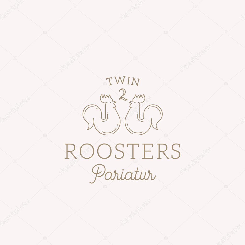 Twin Roosters Abstract Vector Sign, Symbol or Logo Template. Elegant Line Style Roosters Sillhouette with Classy Typography. Vintage Luxury Vector Emblem. Isolated.