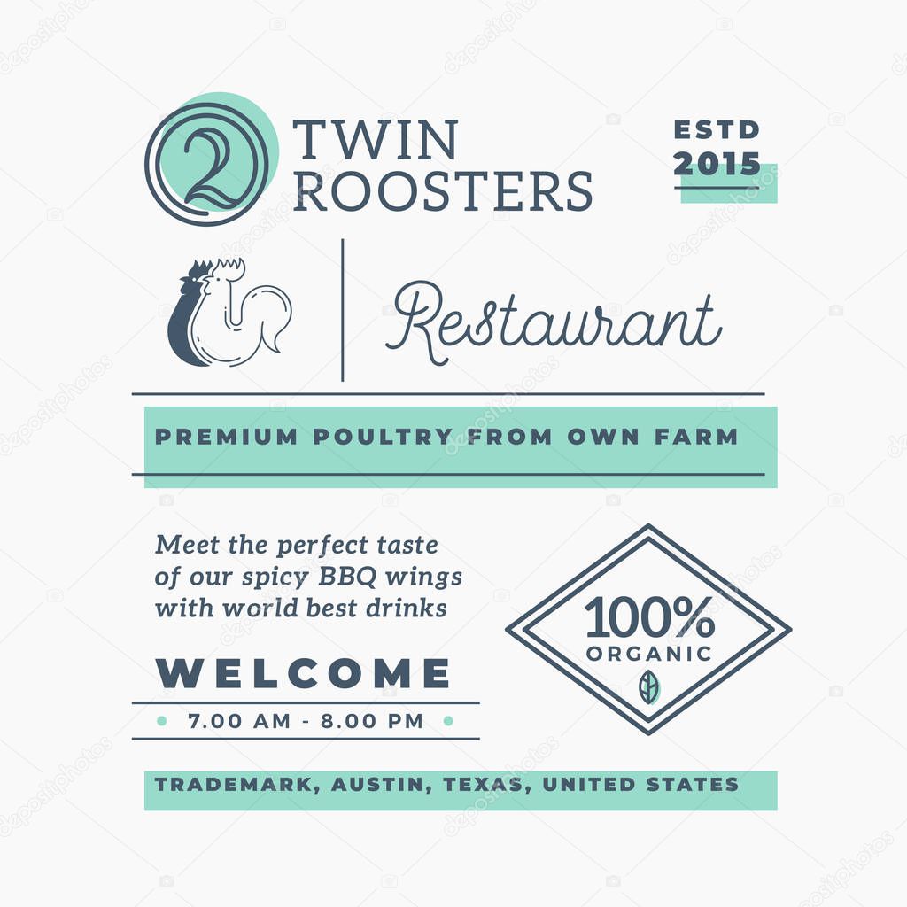 Twin Roosters Barbecue Restaurant Abstract Vector Branding Elements. Decorative Logos, Symbols and Retro Typography Color Layout. Good for Cafe Menu or Sign Decoration. Isolated.