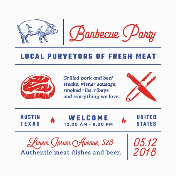 Barbecue Party Signs, Titles, Inscriptions and Menu Decoration Elements Set. Premium Quality Retro Typography Layout with Hand Drawn Pig Illustration. Vintage Label or Invitation Template. — Stock Vector