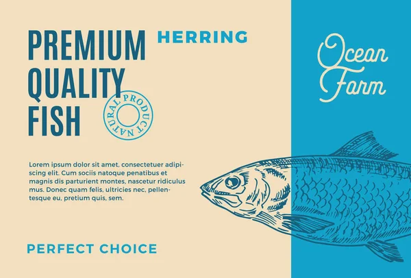 Premium-Hering. abstrakte Vektor Fisch Verpackung Design oder Etikett. moderne Typografie und handgezeichnetes Silhouetten-Hintergrundlayout — Stockvektor