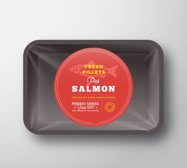 Pembe somon fileto. Selofan kapak ambalaj tasarımı Round etiket veya etiket ile soyut vektör balık plastik tepsi. Retro tipografi ve elle çizilmiş somon siluet arka plan düzen.