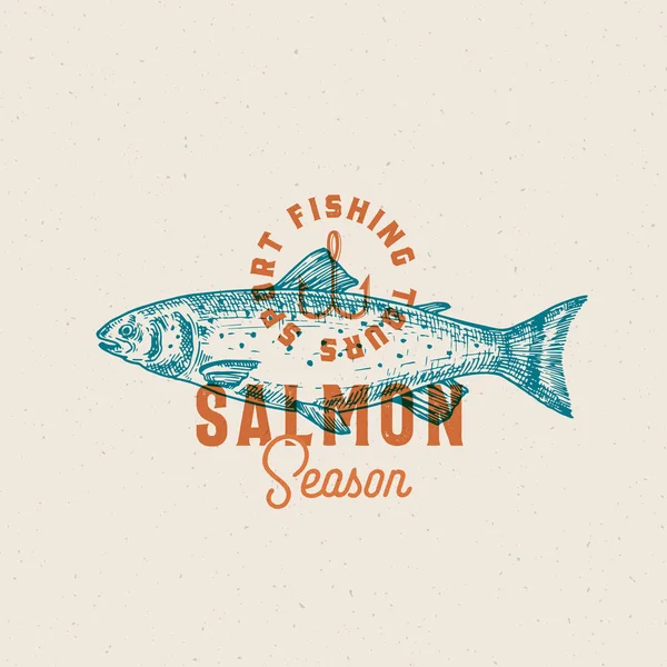 Salmon Fishing Season. Abstract Vector Sign, Symbol or Logo Template. Hand Drawn Salmon Fish with Classy Retro Typography. Vintage Vector Emblem with Retro Print Effect and Shabby Texture. — Stock Vector
