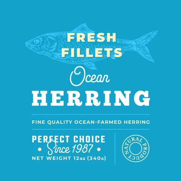 Filets frais Label de qualité Premium. Schéma d'emballage vectoriel abstrait des poissons. Typographie rétro avec bordures et fond de silhouette de hareng dessiné à la main — Image vectorielle