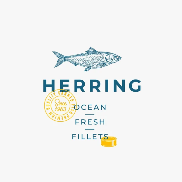 Ocean Fresh Fillets Abstract Vector Sign, Symbol or Logo Template. Hand Drawn Herring Fish Sketch with Premium Modern Typography, Quality Seal and Tin Can Silhouette. Stylish Vector Emblem Concept. — Stock Vector