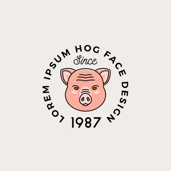 レトロなタイポグラフィを持つラインスタイルの豚の顔。抽象ベクトル記号、記号またはロゴテンプレート。漫画豚ヘッドシルエット. — ストックベクタ