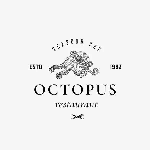 Fischrestaurant abstraktes Vektorzeichen, Symbol oder Logovorlage. handgezeichneter Oktopus mit edler Retro-Typografie. Vektor-Emblem. — Stockvektor