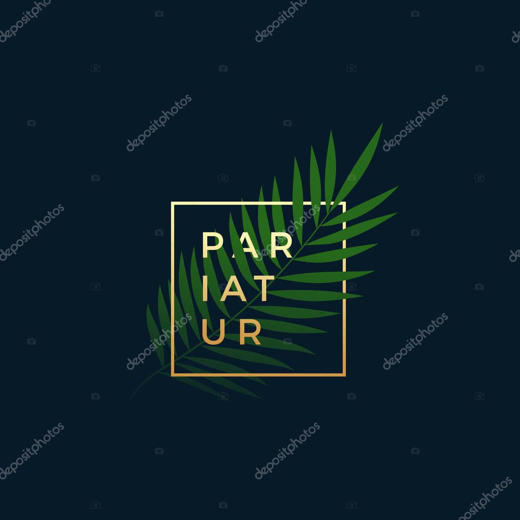 Fern or Palm Leaf In a Golden frame with Modern Typography. Abstract Vector Sign, Symbol or Logo Template. Elegant Emblem or Card Design. On Dark Blue Background.