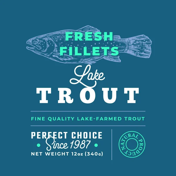 Fresh Fillets Premium Quality Label. Abstract Vector Fish Packaging Design Layout. Tipografia retrô com bordas e mão desenhado fundo de silhueta de truta do lago — Vetor de Stock