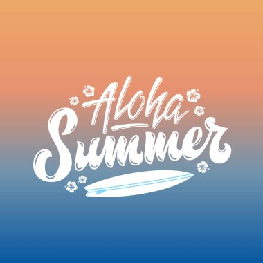 Aloha Yaz Sörf Soyut Vektör El Yazısı Tebrik Gard, İşaret veya Poster. Sörf tahtası ve Hawaii Çiçek İllüstrasyon. Deniz Gradyan Arka Plan üzerinde Turuncu Mavi Güneş