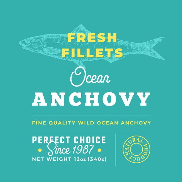 Świeże filety Premium Quality Label. Abstrakcja Vector Fish pakowanie układ projektu. Retro Typografia z obramowaniami i ręcznie rysowane Anchovy sylwetka tło — Wektor stockowy