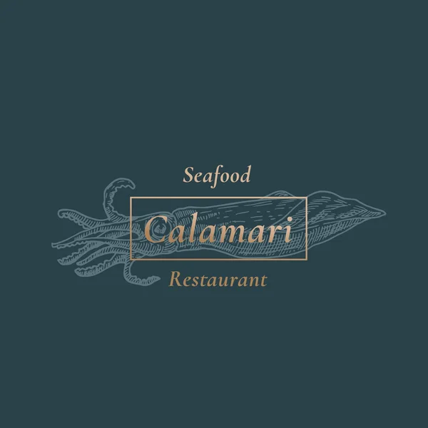 Squid Seafood Restaurant. Signe vectoriel abstrait, symbole ou modèle de logo. Calamar dessiné à la main avec typographie rétro chic. Emblème vectoriel vintage avec fond vert foncé — Image vectorielle