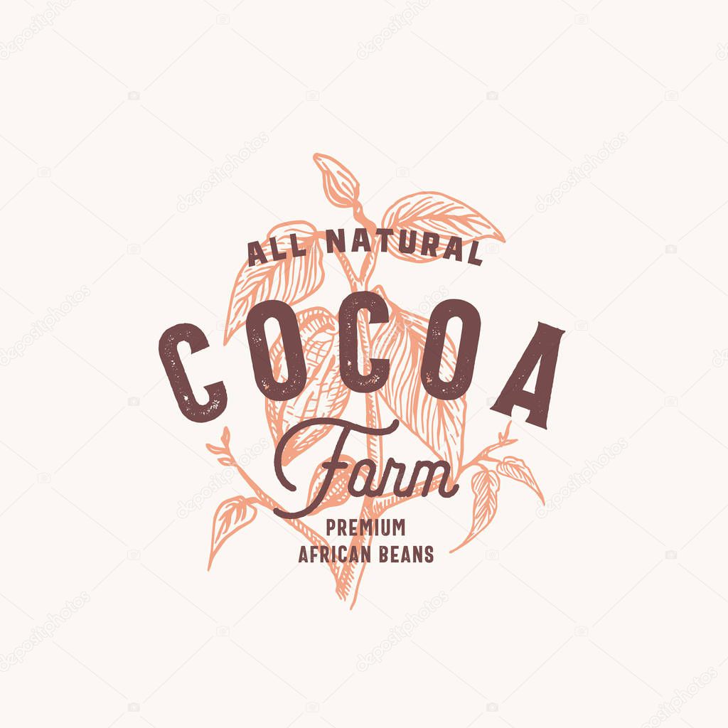 Cocoa Bean Farm Abstract Vector Sign, Symbol or Logo Template. Hand Drawn Cacao Bean Branch with Premium Vintage Typography and Quality Seal. Stylish Classy Vector Emblem Concept. Isolated.