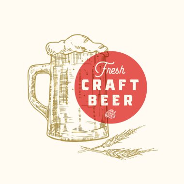 Fresh Craft Bira Soyut Vektör İşareti, Sembol veya Logo Şablonu. El Çizilmiş Retro Bira Kupa, Hops ve Klasik Tipografi. Vintage Bira Amblemi veya Etiketi.