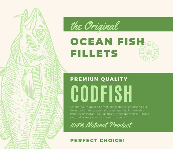 Hochwertige Fischfilets. abstrakte Vektor Fisch Verpackung Design oder Etikett. moderne Typografie und handgezeichnete Kabeljau-Silhouette Hintergrundgestaltung — Stockvektor
