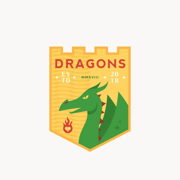 Dragones Medeival Sports Team Emblem. Signo de vector abstracto, símbolo o plantilla de logotipo. Reptil mítico en escudo con tipografía retro . — Archivo Imágenes Vectoriales