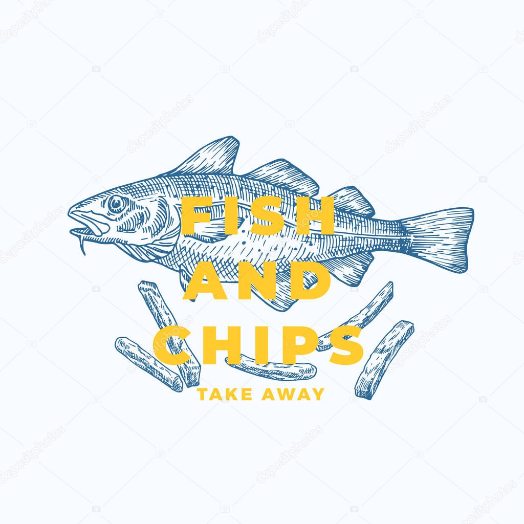 Fish and Chips Abstract Vector Sign, Symbol or Logo Template. Hand Drawn Cod Fish and Potato Fries with Modern Typography. Premium Quality Vector Emblem. Isolated.