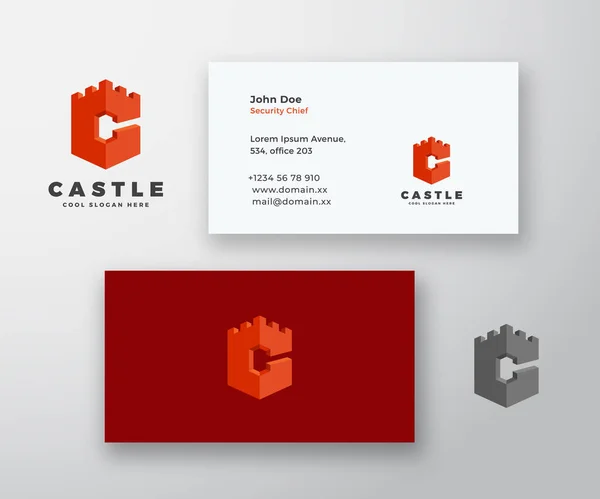 Castle Abstract Vector Logo und Visitenkartenvorlage. Citadel Icon Eingebunden in ein Buchstabe-C-Konzept mit moderner Typografie. Premium Stationäre realistische Attrappe. — Stockvektor