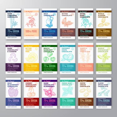 Orijinal En İyi Çikolata Soyut Vektör Tasarım Etiketleri Dev Seti. Fruits, Nuts and Spices Sketch Siluet Arkaplan Düzenli Modern Tipografi.