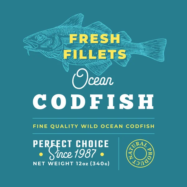 Fresh Fillets Premium Quality Label . Abstract Vector Fish Packaging Design Layout. Retro Typography with Borders and Hand Drawn Codfish Silhouette Background — Stock Vector