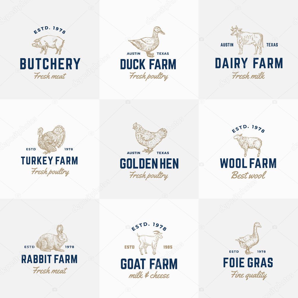 Domestic Animals and Poultry Retro Vector Logo Templates Set. Hand Drawn Vintage Cattle and Birds Sketches with Vintage Typography. Pig, Cow, Chicken, Rabbit, Turkey, etc. Isolated Labels Collection.