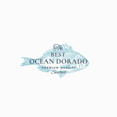 En İyi Okyanus Dorado Soyut Vektör İşareti, Sembol veya Logo Şablonu. Zarif Dorada Balığı Klas Retro tipografisi ile çizim yapıyor. Klasik Lüks Amblem.