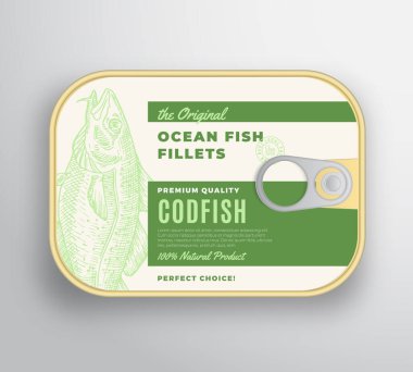 Etiket kapaklı soyut vektör okyanus balığı filetosu alüminyum kap. Premium Konserve Paket Tasarımı. Retro Typography and Hand Drawn Codfish Siluet Arka plan Düzeni.